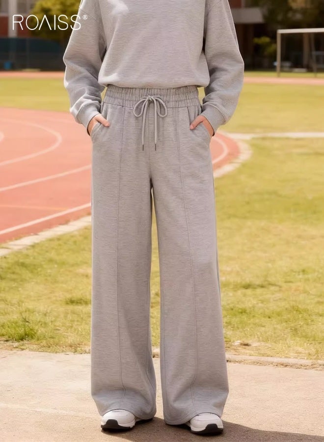 رويس بنطال رياضي نسائي جديد واسع الساقين، بنطال فضفاض مريح، بنطال رياضي برباط، مناسب للجري والتمارين الرياضية، لون رمادي - Image 1